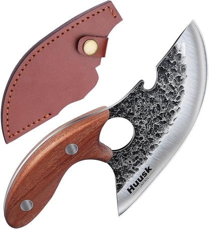 Huusk Knives, Viking Boning Knife for Meat Cutting, Small Ulu Knife, Hand Forged Full Tang Caveman Ultimo Knives for Kitchen or Camping Christmas Gift for Men and Women