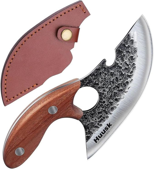 Huusk Knives, Viking Boning Knife for Meat Cutting, Small Ulu Knife, Hand Forged Full Tang Caveman Ultimo Knives for Kitchen or Camping Christmas Gift for Men and Women
