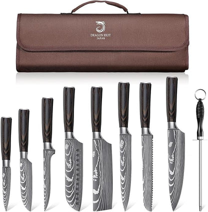 DRAGON ROIT Japanese Knives Set Damascus Pattern Chef Knife Set for Kitchen with Roll Bag, Sharp Stainless Kitchen Knife Set Brown Handle
