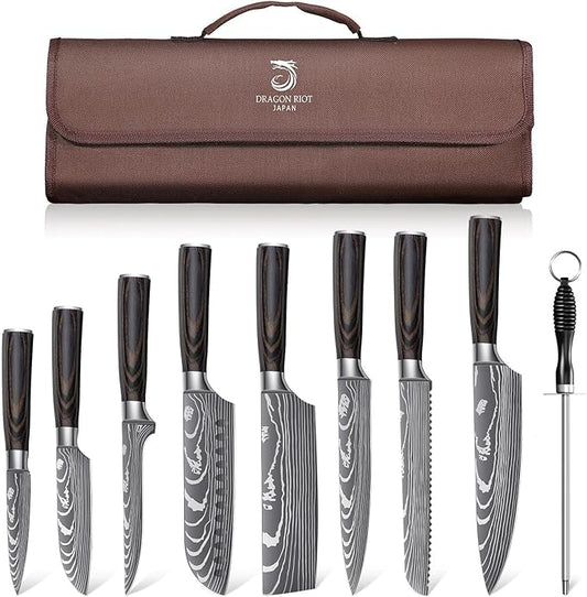 DRAGON ROIT Japanese Knives Set Damascus Pattern Chef Knife Set for Kitchen with Roll Bag, Sharp Stainless Kitchen Knife Set Brown Handle