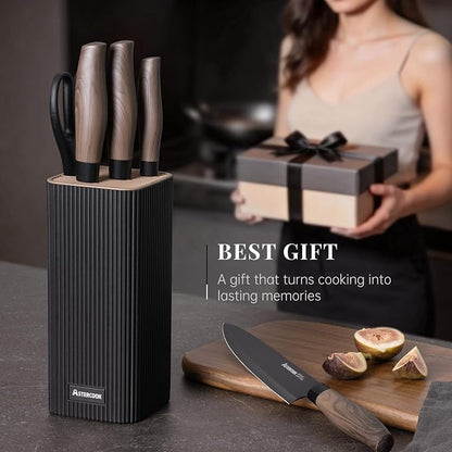 Astercook Knife Set, 6-Piece Kitchen Knife Set with Block, High Carbon Stainless Steel Ultra Sharp Kitchen Knives, Wood Grain Handle, Dishwasher Safe Knife Block Set, Black, Kitchen Utility Knives