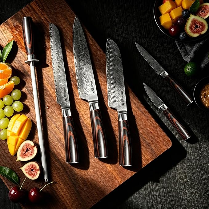 6 Piece Japanese Damascus Knife Set, Professional Chef Knife Set with VG10 Steel Core, Ultra Sharp 67-Layer Kitchen Knives, Pakkawood Handle Gift Box