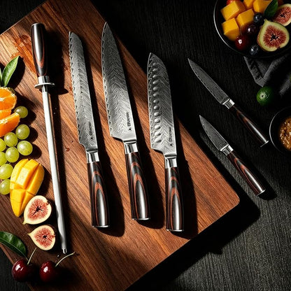 6 Piece Japanese Damascus Knife Set, Professional Chef Knife Set with VG10 Steel Core, Ultra Sharp 67-Layer Kitchen Knives, Pakkawood Handle Gift Box