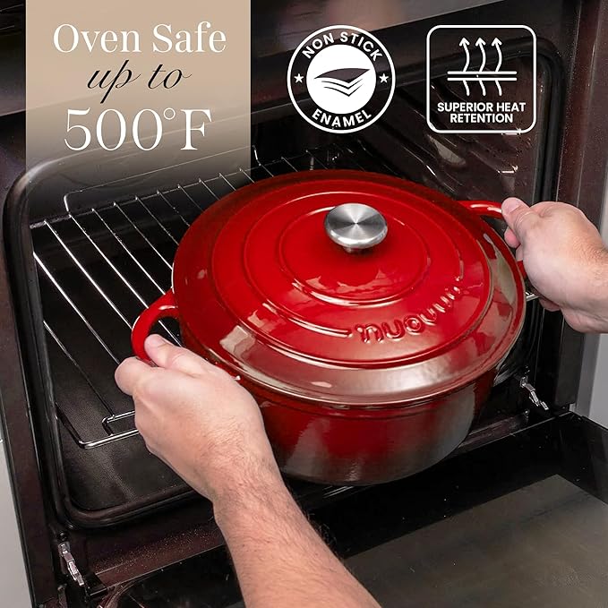 Cast Iron Dutch Oven with Lid-Non-Stick Ovenproof Enamelled Casserole Pot- Sturdy Dutch Oven Cookware - Red, 3.1- Quart, 22cm- by Nuovva
