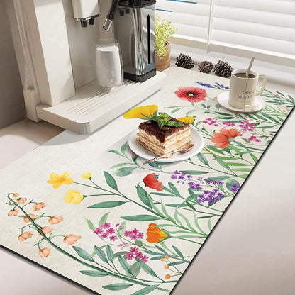 LOKHOM Dish Drying Mat for Kitchen Counter, 17"x32" Absorbent Coffee Bar Mat with Spring Floral, Dish Drainer Rack Mat for Kitchen Counter