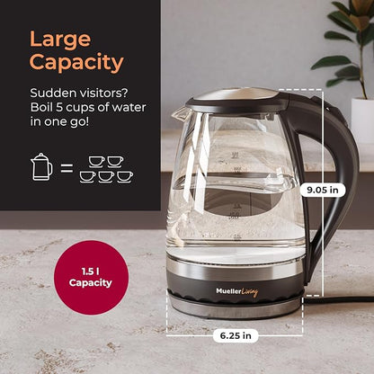 MuellerLiving Glass Kettle 1.5L 1500W LED Light Electric Tea Kettle Automatic Shut-Off with SpeedBoil Tech and Boil-Dry Protection