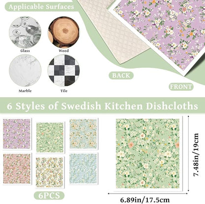 Reusable Swedish Dishcloths for Kitchen, 6 Pack Colorful Floral Dish Cloths Towels, Absorbent Flower Sponge Cleaning Towel Wipes for Kitchen Cooking Home Decoration Housewarming Gifts