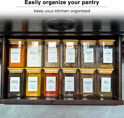 12 Pcs Glass Spice Jars with Bamboo Airtight Lids & 201 Labels - 8oz Square Small Empty Food Storage Containers for Kitchen, Seasonings, Herbs, Salt