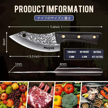 Huusk Japanese Mini Cleaver Knife, Small Meat Knives with Sheath, Unique Caveman Knives, Hand Forged Full Tang Chef Viking Knife for Fishing, Outdoor Camping, BBQ, Gift for Men and Women