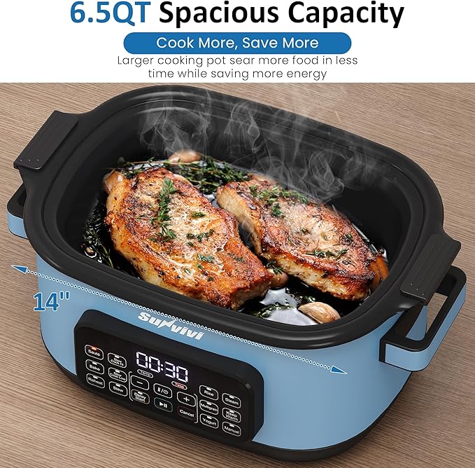 12-in-1 Multicooker, 6.5QT Slow Cooker Roaster Oven, Digital Programmable Multi Functional Pot with Timer Temp Control Delay Start Glass Lid Removable Nonstick Pot, Roast/Steam Rack, Blue