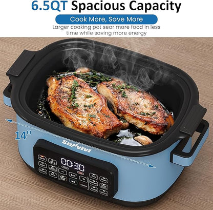 12-in-1 Multicooker, 6.5QT Slow Cooker Roaster Oven, Digital Programmable Multi Functional Pot with Timer Temp Control Delay Start Glass Lid Removable Nonstick Pot, Roast/Steam Rack, Blue
