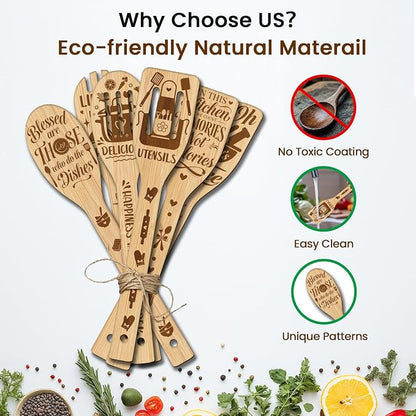 CUTHOLLOW 6PCS Kitchenware Wooden Kitchen Cooking Utensil Set, 11.9in Non Toxic Bamboo Wood Spoon Set for Cooking, Best Housewarming Birthday Thanksgiving Christmas Gift for Women Mother