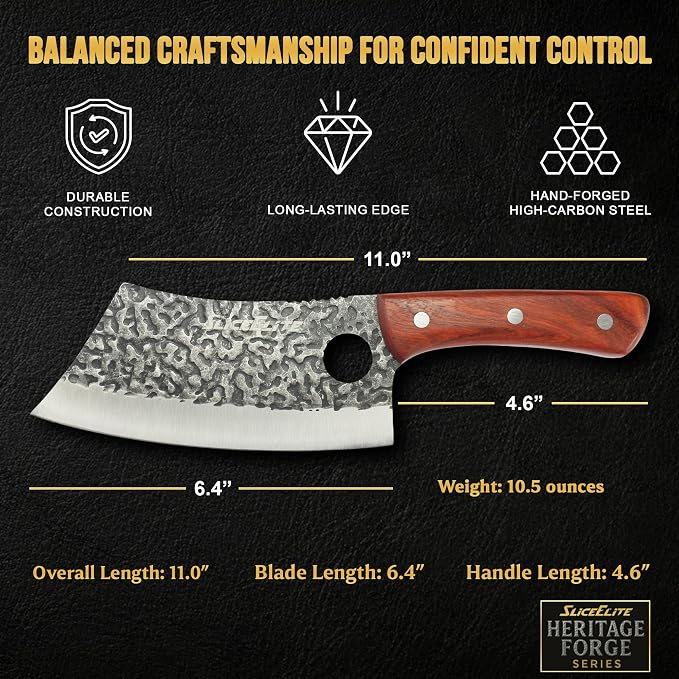 SliceElite Hand Forged Meat Cleaver Knife | Heavy Duty Butcher Knife with Blackened Blade, Sandalwood Handle & Gift Box | High Carbon Steel BBQ Kitchen Cleaver | Bone Chopping Knife for Men