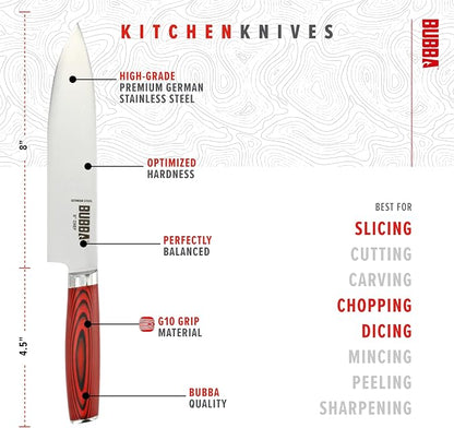 BUBBA Kitchen Series 8" Chef Knife, an all-purpose kitchen knife for Chopping, Mincing, Slicing and Dicing with a premium German Steel Blade for all your kitchen needs