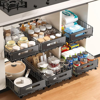 PureBox Pull Out Cabinet Organizer, Slide Out drawers for cabinets, Heavy Duty Carbon Steel Roll Out Shelves for kitchen, bathroom, pantry (14.7’’-23.1’’ Slide, Adhesive & Screw), Black (2)