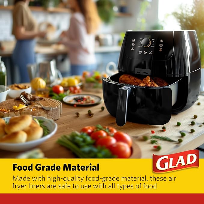 Glad Air Fryer Parchment Liners, Nonstick, Heat Resistant to 446 Degrees F, Food-Grade Material, Flat Square for Round and Square Air Fryer Baskets, 6.5" x 6.5", 100 Count