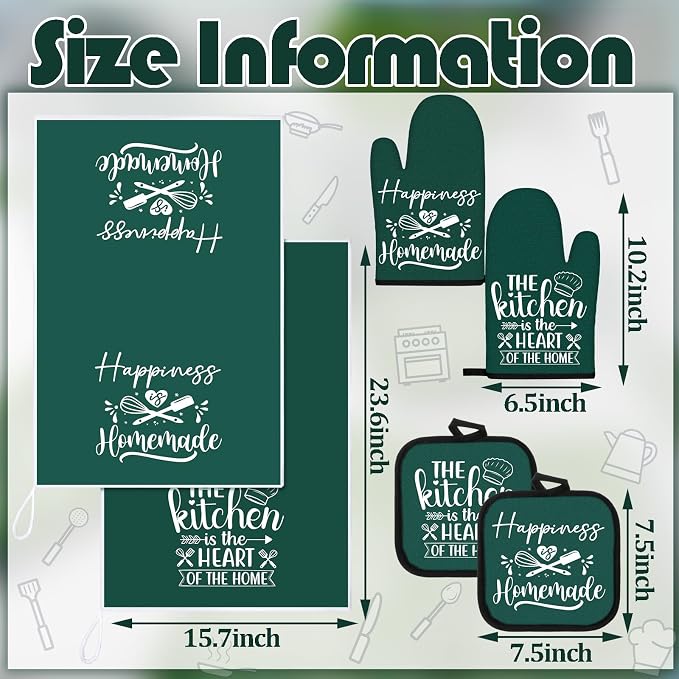 Sratte 6 Pcs Kitchen Decor Accessories Set Farmhouse Towels Pot Holders Oven Mitts Set 2 Dish Towels 2 Potholders 2 Cooking Mittens Oven Glove for Christmas Baking Cooking(Dark Green,Kitchen)