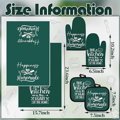 Sratte 6 Pcs Kitchen Decor Accessories Set Farmhouse Towels Pot Holders Oven Mitts Set 2 Dish Towels 2 Potholders 2 Cooking Mittens Oven Glove for Christmas Baking Cooking(Dark Green,Kitchen)