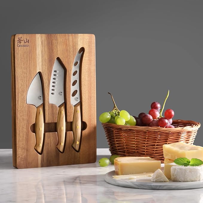 Cangshan 1027327 3-Piece Olive Wood Cheese Knife Set with Acacia Cheese Board