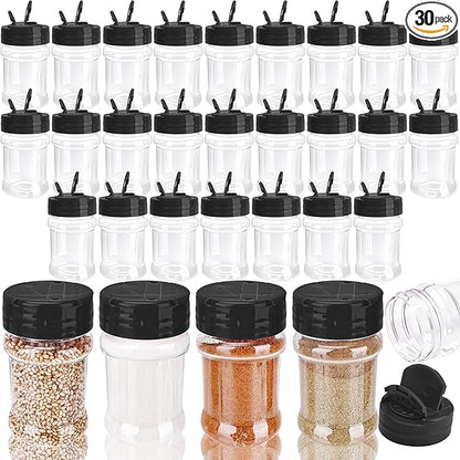 30 Pcs 2 oz Mini Plastic Spice Jars with Sifters Clear Empty Spice Bottles Round Seasoning Containers for Travel Kitchen (Black Top with 2 Side Hole)