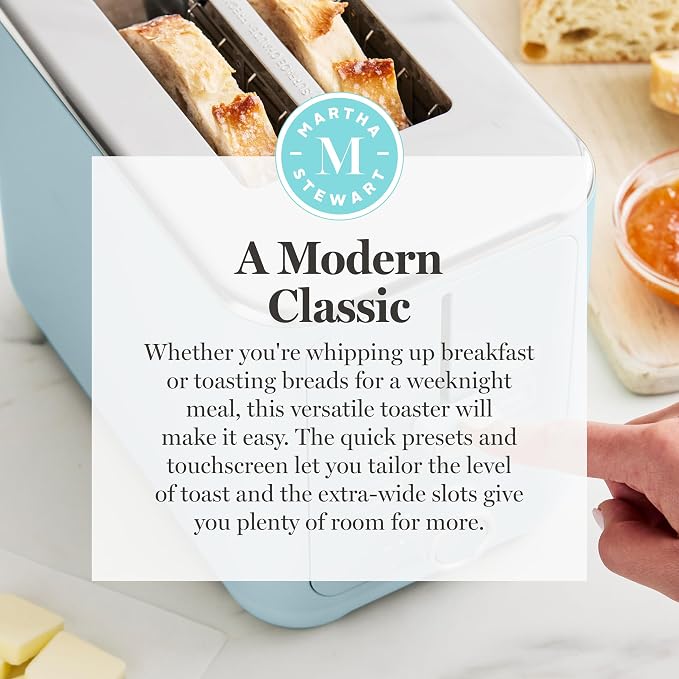 Martha Stewart 2 Slice Toaster, 10 Shade Settings with Defrost, Cancel, Bagel & Gluten-Free, Extra-Wide Self-Centering Slots for Waffles & Artisan Bread, Removable Crumb Tray, Cord Wrap, Sky Blue