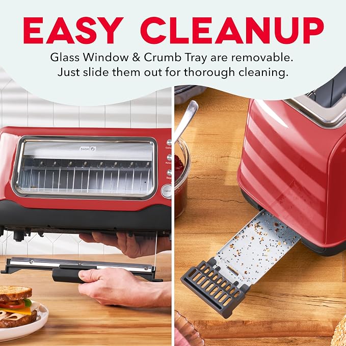 Dash Clear View Toaster, 10.5" Long Slot 2 Slice Toaster with See-Through Glass Window, 7 Browning Levels, Bagel, Defrost & Reheat Functions, Removable Glass Panel, Crumb Tray - Red