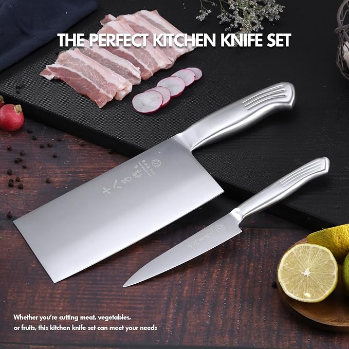 SHI BA ZI ZUO Meat Cleaver Set, 2PCS Professional Butcher Knife Fruit Knife with Stainless Steel Handle
