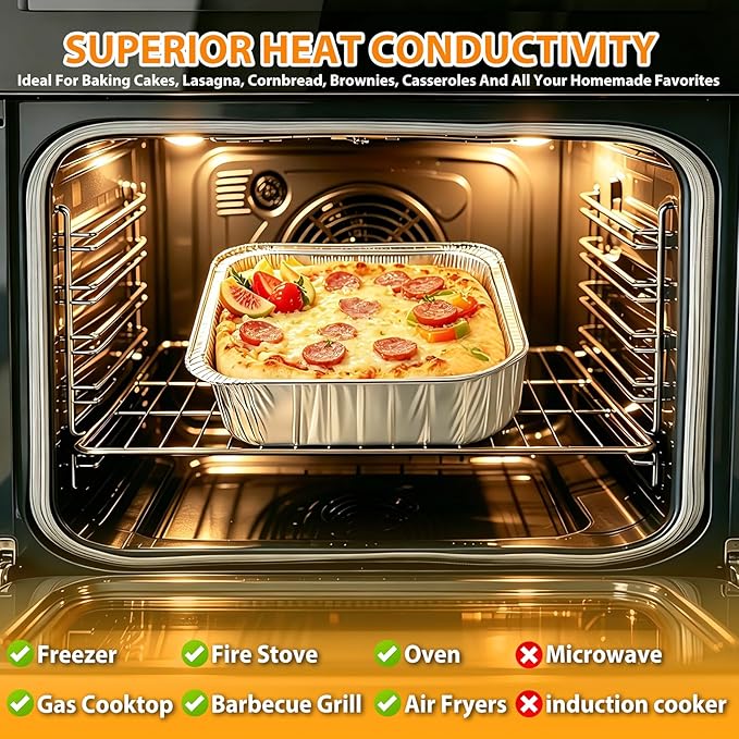 8x8 Foil Pans 50 Pack, Heavy Duty Square Disposable Baking Cake Pans, Disposable Food Containers Great for Baking Pans, Cooking, Heating, Parties Meal Prep, Storing, Breads, Brownies, Meatloaf,Lasagna
