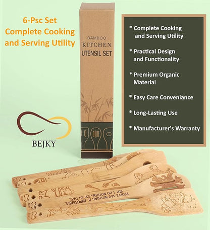 Bejky 6-Pcs Wooden Bamboo Spoons Set - Organic Food Cooking Utensils - Kitchen Accessories and Home Decor - Cookware Gifts for Women - Easy Wash Spatulas - 3D Engraved Patterns (Winnie the Bear)