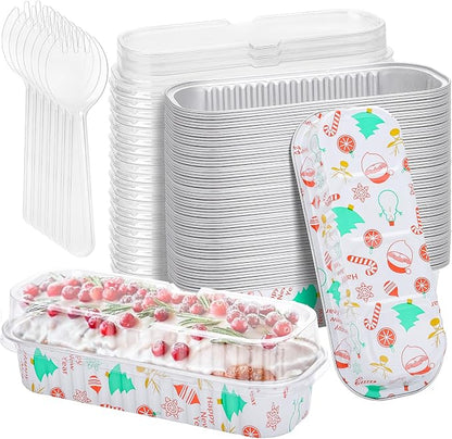 50Pack Christmas Mini Cake Pans Disposable Mini Loaf Pans with Lids and Spoons, 6.8Oz Aluminum Foil Pans Tins, Individual Dessert Cups Containers for Sales,Party,Picnics