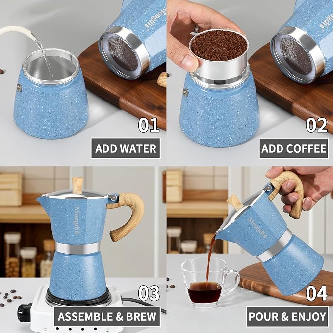 Mongdio Stovetop Espresso Maker Moka Pot, Cuban Coffee Maker Stove top coffee maker Moka Italian Espresso Greca Coffee Maker Brewer Percolator, 9 Espresso Cups, 15 oz - Blue