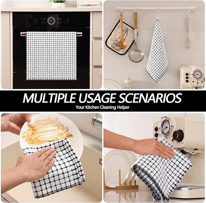 Homaxy Kitchen Towels and Dishcloths Set, 16 x 25 and 12 x 12 Inches, Set of 16 Cotton Terry Kitchen Dish Towels, Super Soft and Absorbent Dish Cloths, Black