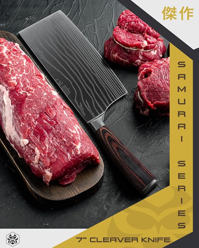 KESSAKU Meat Cleaver Butcher Knife - 7 inch - Samurai Series - Heavy Duty - Razor Sharp - Forged 7Cr17MoV High Carbon Stainless Steel - Wood Handle with Blade Guard