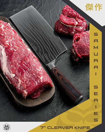 KESSAKU Meat Cleaver Butcher Knife - 7 inch - Samurai Series - Heavy Duty - Razor Sharp - Forged 7Cr17MoV High Carbon Stainless Steel - Wood Handle with Blade Guard