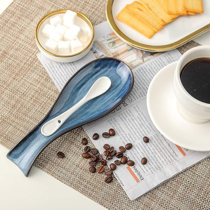Hasense Ceramic Spoon Rest for Stove Top, Spatula Holders for Ladles and Tongs, Porcelain Spoon Holder Set of 2 for Kitchen Counter Cooking Utensil Home Decor, Housewarming Gift, Navy