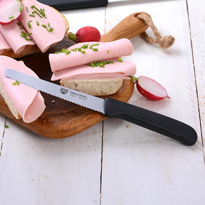 GRÄWE table knives 6 pieces, knife set for cutting, pack of 6 bread knives, breakfast knives with serrated edge on one side, knife 21 cm - Black