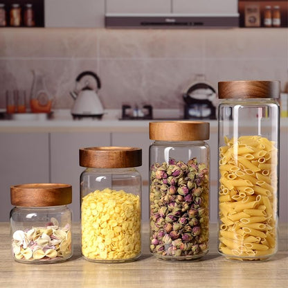 24 fl oz/710 ml Glass Jar with Airtight Wooden Screw Top Lid, Clear Stackable Food Storage Canister, Medium Cute Decorative Glass Container for Coffee, Candy, Cookie, Sugar, Oatmeal, Spice