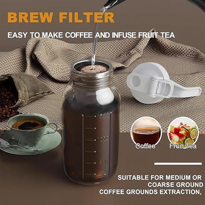 JunVpic Cold Brew Coffee Maker Jar - 64oz Thick Glass Multipurpose Mason Pitcher Spout Lid with Handle & Stainless Steel Filter for Iced Coffee, Lemonade, Ice Tea, Homemade Fruit Drinks Container