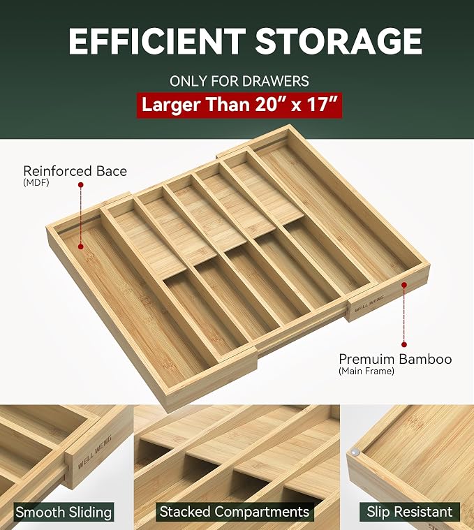 Expandable Silverware Drawer Organizer for Utensil,Bamboo 12 Slot | 13"-20"W x16.7"D x 1.97“H, Vertical Storage,Kitchen Cutlery Tray Dividers for Spoons Forks Knives