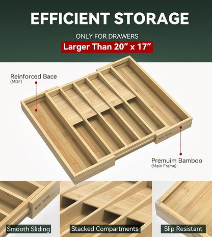 Expandable Silverware Drawer Organizer for Utensil,Bamboo 12 Slot | 13"-20"W x16.7"D x 1.97“H, Vertical Storage,Kitchen Cutlery Tray Dividers for Spoons Forks Knives