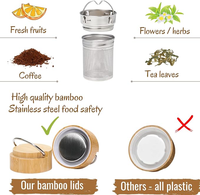Bamboo Tea Tumbler Set of 2 Insulated Water Bottles 15oz & 17oz with Infuser Travel Set for Loose Leaves, Birthday Gift for Womens, Christmas Gift