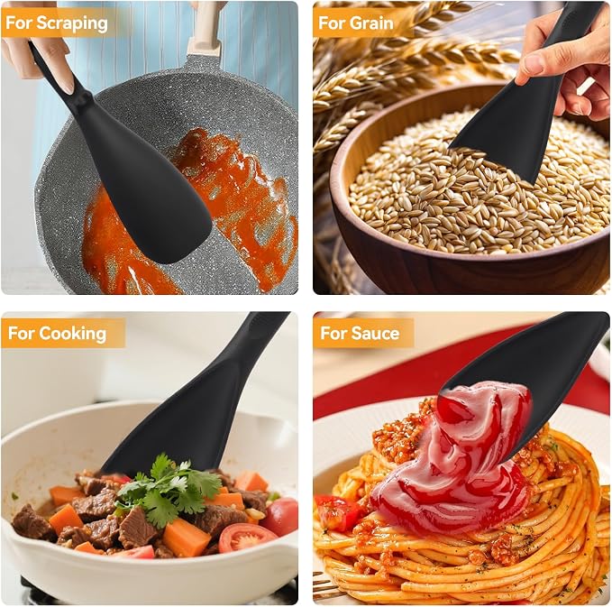12.6" Extra Long Silicone Spatula Spoon for Nonstick Cookware, Seamless One-Piece Design Cooking Spoon with Built-in Tool Rest for Mixing, Scoop and Scrape, Dishwasher Safe, Black & Gray