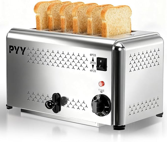 PYY Professional Commercial 6 Slice Toaster - 1800W Stainless Steel Heavy Duty Toaster, 6 Browning Levels, 1.1" Wide Slots, Removable Crumb Tray for Bagels Bread Waffles (Commercial & Home Use)