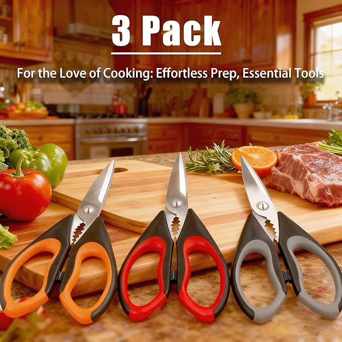 Kitchen Scissors All Purpose 3 Pack - Heavy Duty Stainless Steel Cooking Shears for Cutting Meat, Food, Fish, Poultry Multipurpose Sharp Sissors for Dishwasher Safe, with Blade Guards