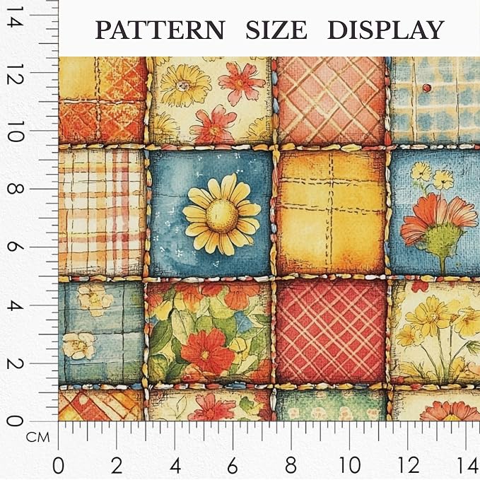 Sunny Garden Patchwork Cotton Fabric Panel 61 x 36.6 Inches, Floral Rustic Quilt Print, Multicolor Yellow Blue Red Tones, 100% Cotton 140 GSM