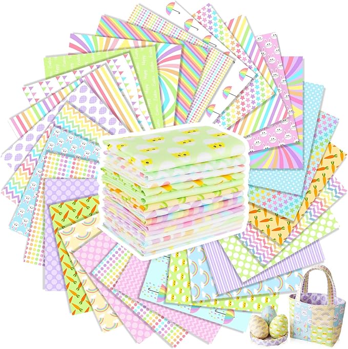 Tatuo 30 Pieces 10 x 10 Inches Easter Cotton Fabric Bundle Squares Patchwork Pastel Fabric Sewing Quilting Bundles Assorted Pattern Cloth for DIY Scrapbook Craft Making