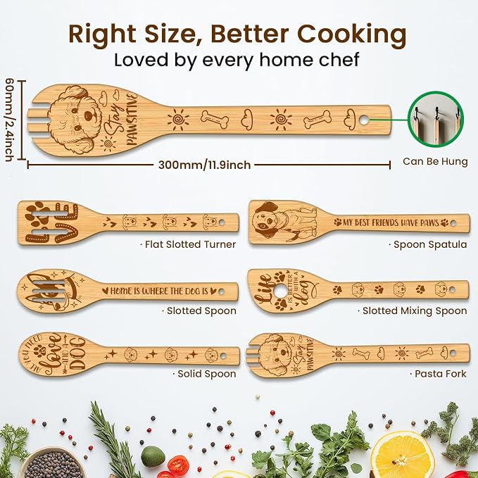 CUTHOLLOW 6PCS Dog Wooden Kitchen Cooking Utensil Set, 11.9in Non Toxic Bamboo Wood Spoon Set for Cooking, Best Housewarming Birthday Thanksgiving Christmas Gift for Women Mother