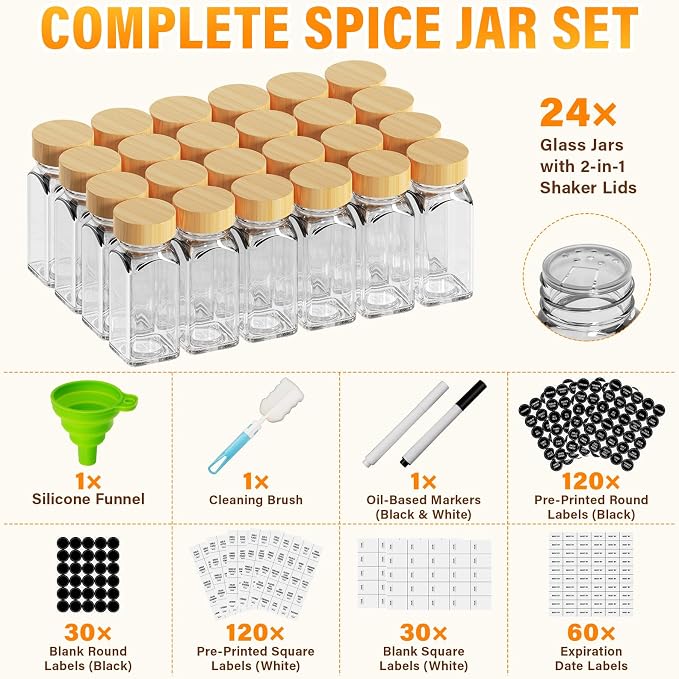Glass Spice Jars with Label 24Pcs Spice Containers with Bamboo Lids 360 Labels 4oz Square Spice Bottles with Shaker Lids Funnel Brush Spice Organization for Cabinet Spice Rack Kitchen Storage