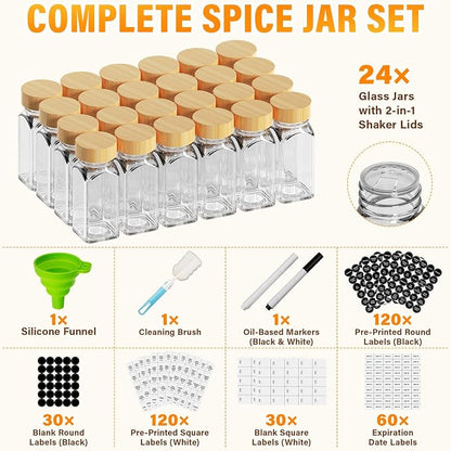Glass Spice Jars with Label 24Pcs Spice Containers with Bamboo Lids 360 Labels 4oz Square Spice Bottles with Shaker Lids Funnel Brush Spice Organization for Cabinet Spice Rack Kitchen Storage