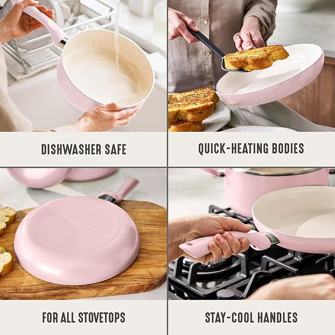 GreenLife 2-Piece Nonstick Frying Pan Set, 8” & 10” Skillets, Non-Toxic Ceramic Cookware, Dishwasher Safe, Stay-Cool Handles, Induction Ready, Fast Heating, Omelet Pan, PFAS Free, Blush Pink